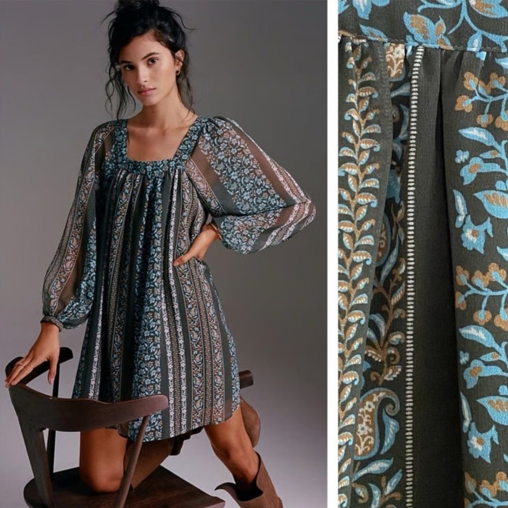 Anthropologie Women’s Blue Green Floral Sona Tunic Mini Dress Size Small - Picture 3 of 12